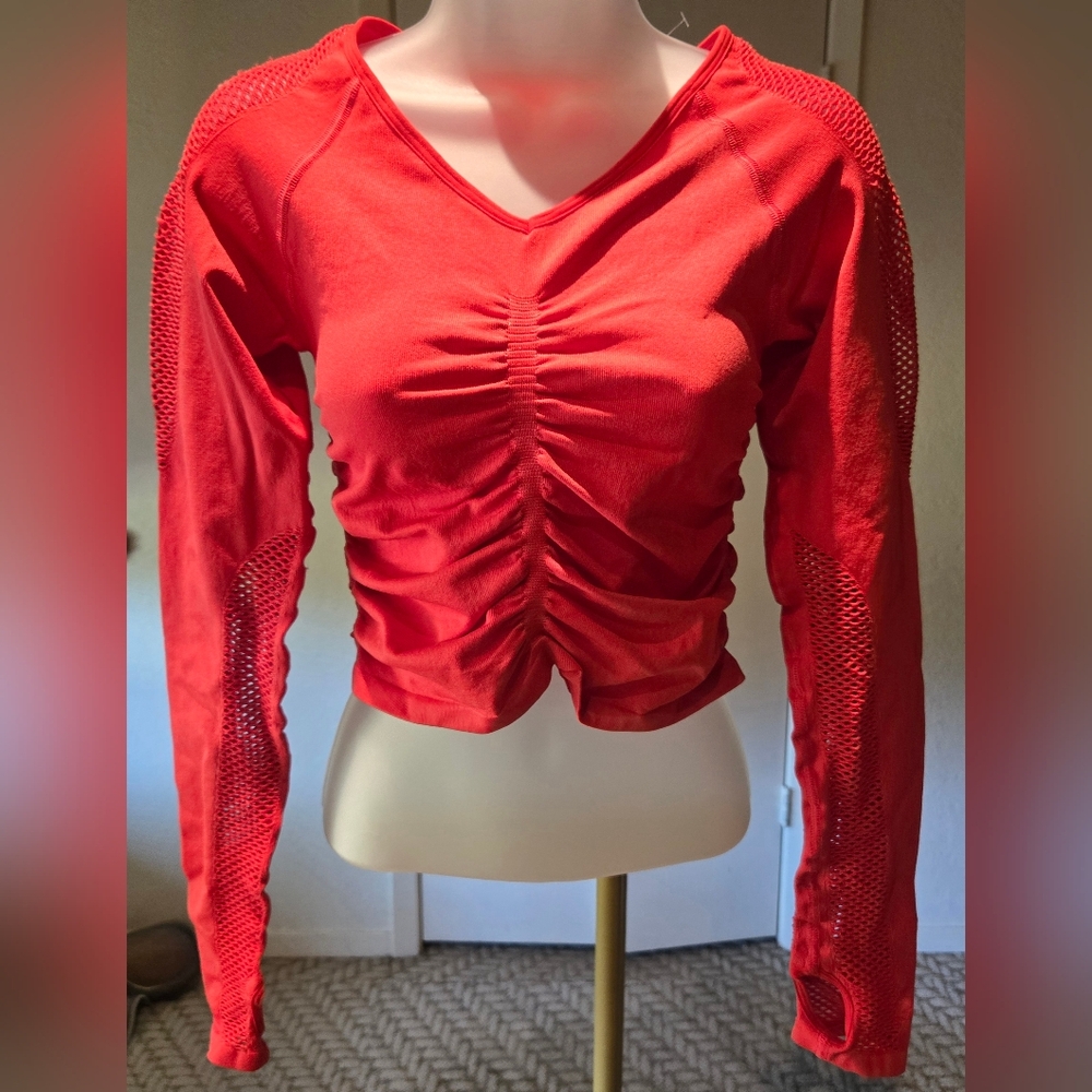 FP Movement by Free People Red Ruched V-Neck Crop Top With Thumb Holes